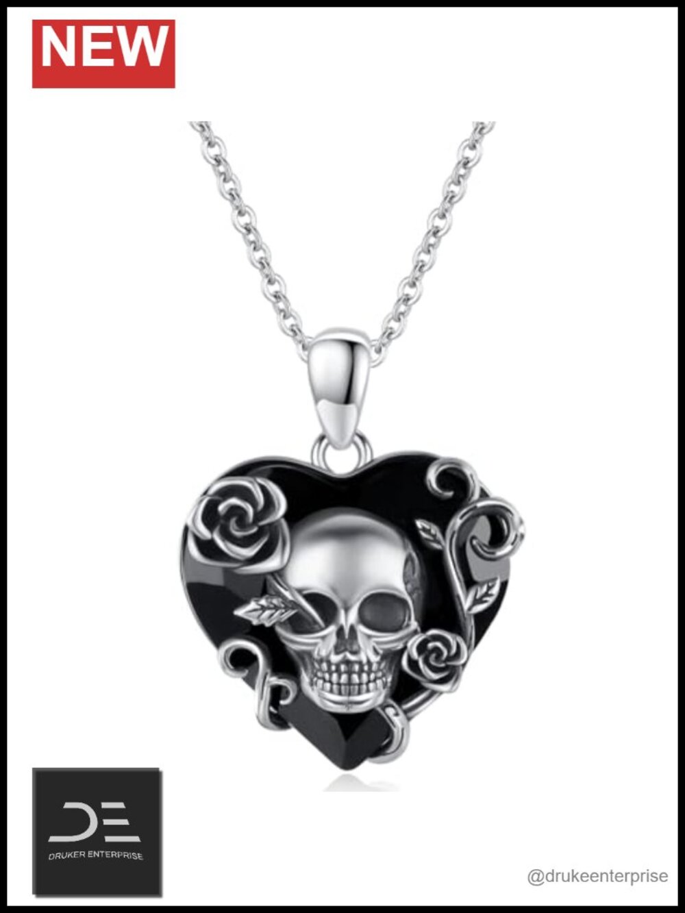 Sterling Silver Gothic Skull Rose Necklace Pendant Crystal Vintage Jewelry